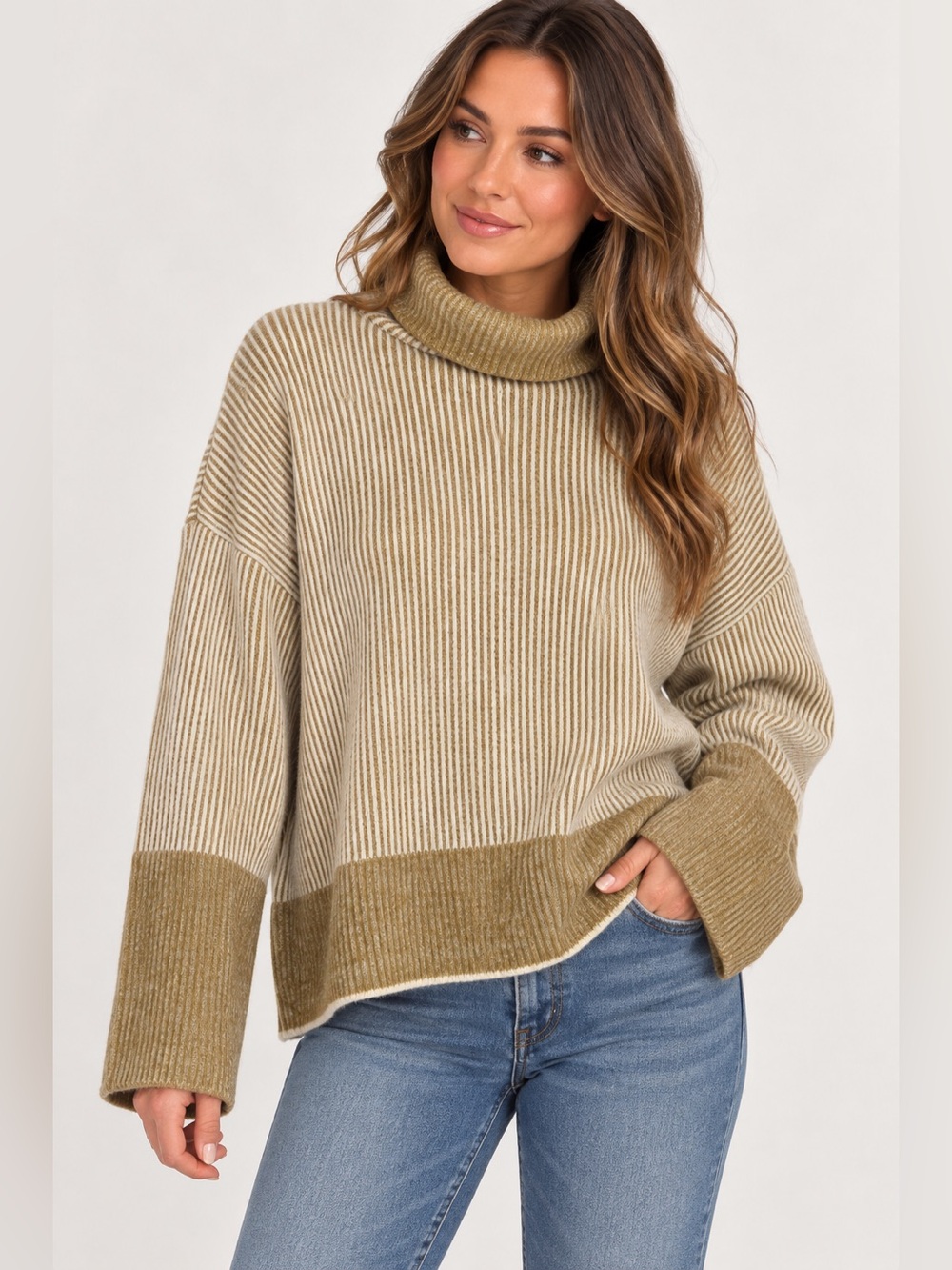 Calvin Klein Ribbed Colorblock Turtleneck Sweater Cream Tan Size L
